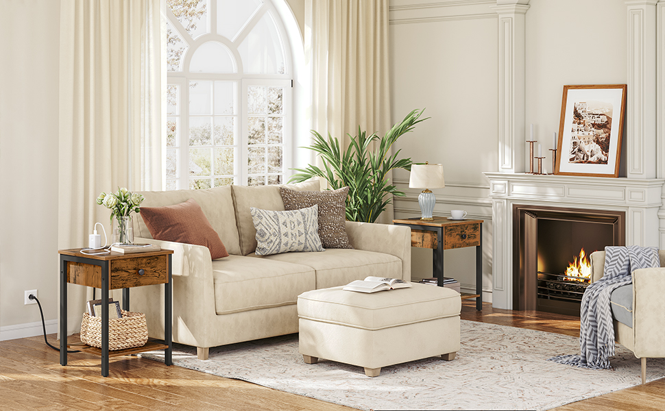 sraith de 2 Táblaí deiridh le stáisiún muirir agus calafoirt USB, Seastán oíche le tarraiceán agus seilf stórála, Tábla cois leapa do spásanna beaga, seomra codlata, Rustic donn agus dubh