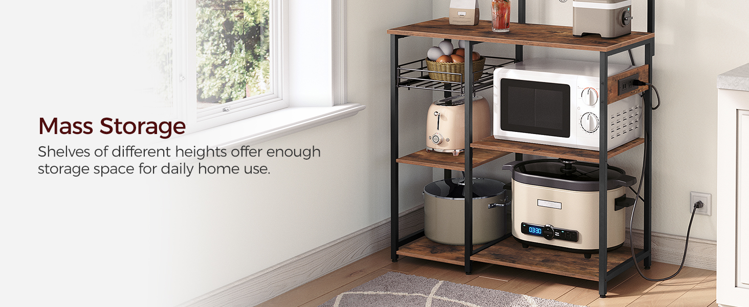пекарські стійки з розеткою, Мікрохвильова підставка, промисловий кавовий бар з дротяним кошиком, Кухонна стійка для зберігання з 6 s-подібні гачки, для спецій, каструлі та сковорідки, сільський коричневий