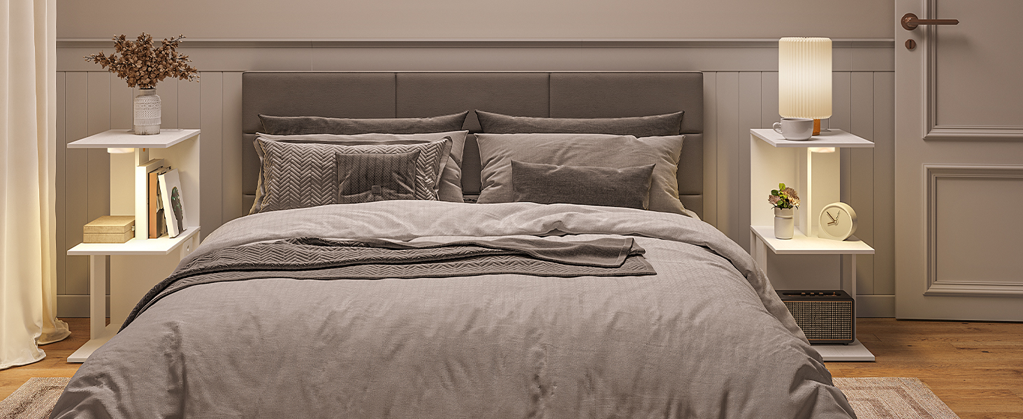 Enn Dësch mat Opluedstatioun, Schmuel Säit Dësch fir kleng Plazen, Sofa Couch Dësch mat Späichere Stol, Slim Nuetsstand nieft dem Dësch fir Schlofkummer, Wunnzëmmer, Wäiss