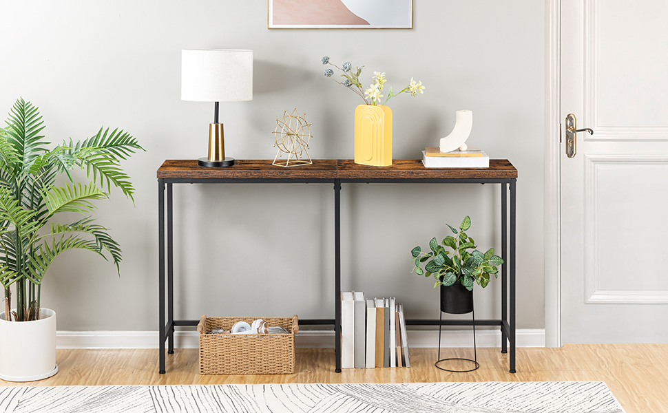 Consoletafel, Smalle banktafel, 55.1" Ingangstafel, Extra lange consoletafel, Achter bank, Magere gangtafel voor foyer, Woonkamer, Slaapkamer, Rustiek bruin en zwart