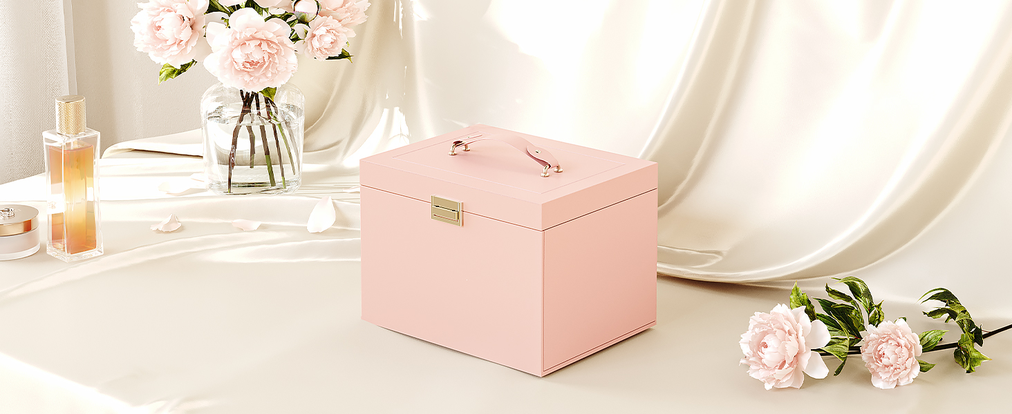 Joyero con espejo, Caja organizadora de joyas de gran capacidad., Estuche de joyería portátil para mujeres, Zonificación múltiple, Estilo moderno, Rosa