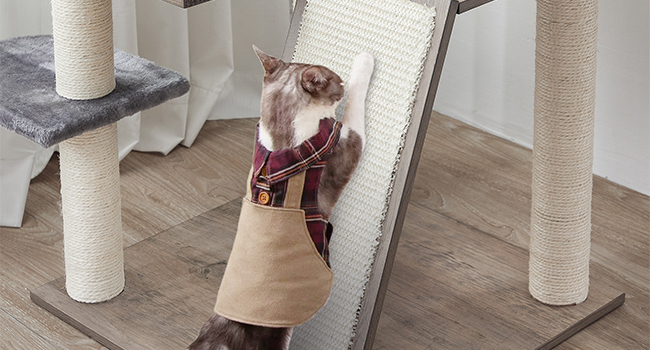 cat tree for indoor cats, 44 inches cat tower wooden, modern cat condo with cat scratching posts, multi-level cat play house with cat hammock, 2 top perches, toy balls, greige