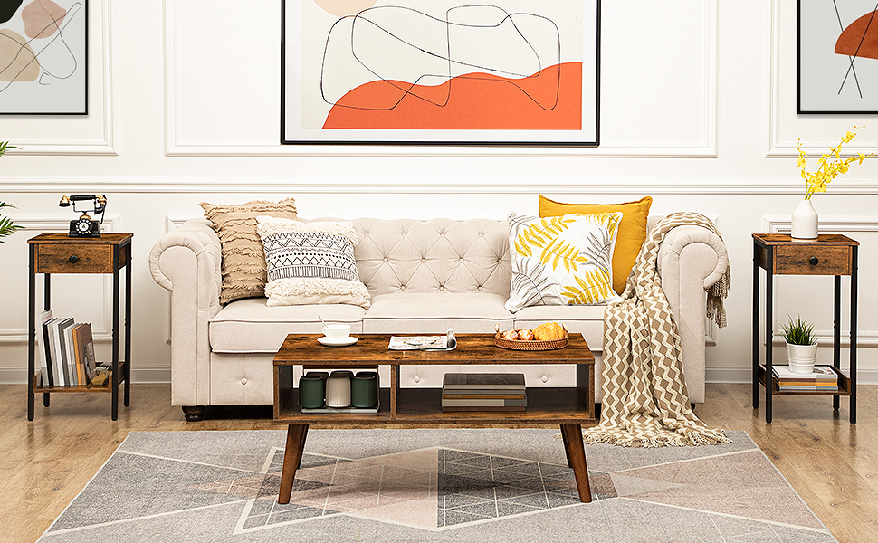 1 Tábla cois leapa tarraiceán, Seastán oíche ard, Tábla deiridh le drawer agus seilf stórála, Tábla Teileafóin Deireadh Tionscail, chun staidéar a dhéanamh, Seomra leapa, Spás a shábháil, Rustic donn agus dubh