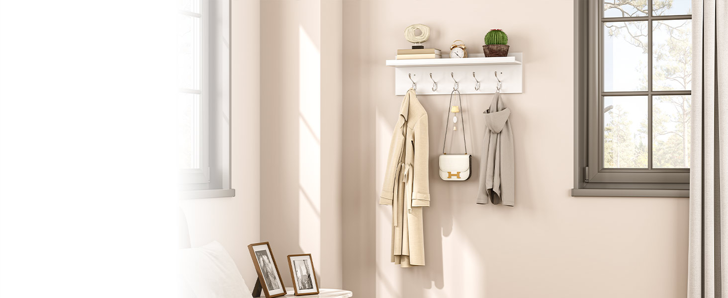 raca cóta balla le seilf, raca cóta halla le 5 crúcaí, seilf balla le fál, 70 x 15 x 20 cm, bambú, Chun halla, seomra codlata, seomra suí, leithreas, bán