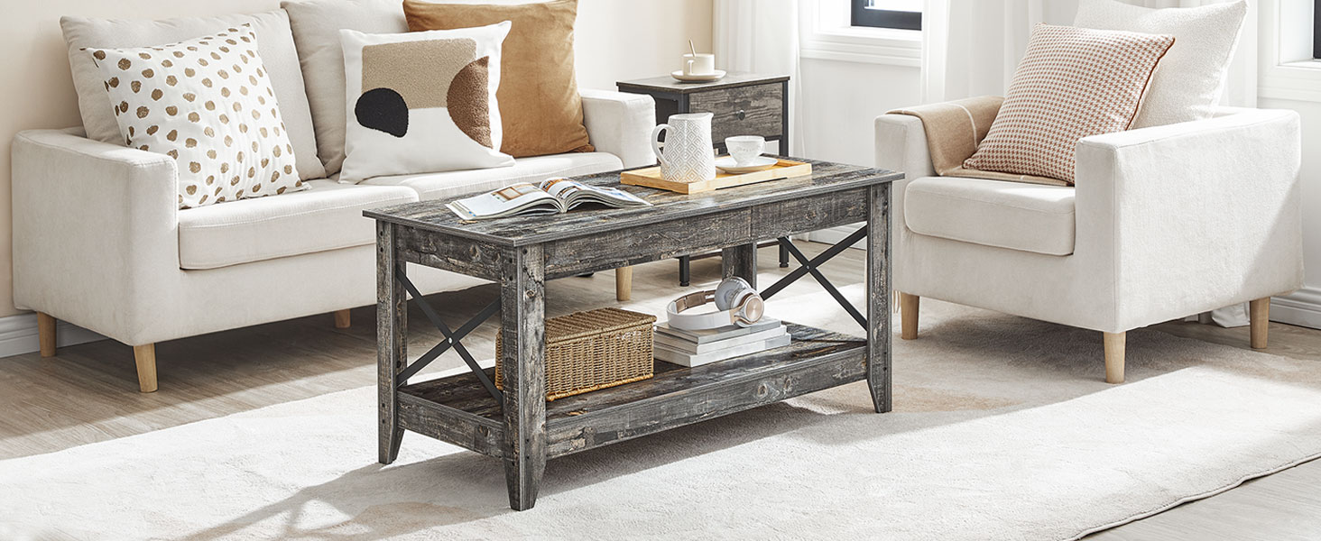 tavolino, tavolino da cattedra per soggiorno, 2-Tavolo centrale di livello con scaffale, X Design Side Frame, tavolo da cocktail accento per appartamento, sala reception, grigio vintage