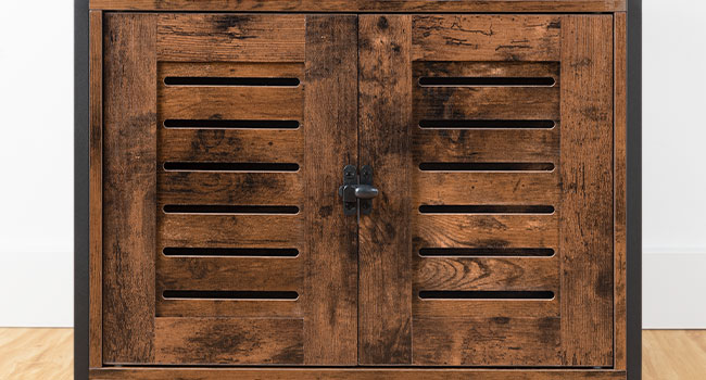 litter box enclosure, louvered hidden litter box, covered cat litter box furniture with extra storage space, side table, nightstand, multifunctional, adjustable feet, rustic brown