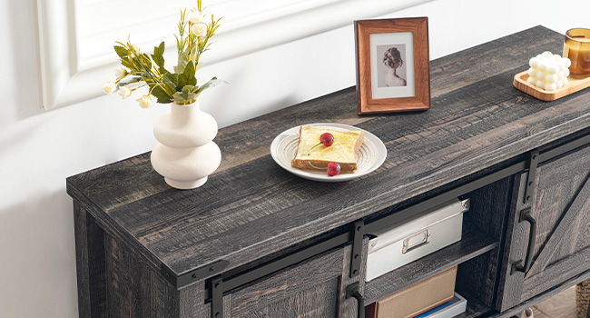 46" Tábla Iontrála Teach Feirme le Stóráil, tábla consóil caol le seilfeanna oscailte agus 2 caibinle, Tábla tolg le doirse sciobóil sleamhnáin, Chun halla, seomra suí, Grey Vintage