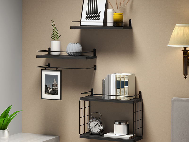 4+1 Scaffali galleggianti di livello, Scaffali del bagno sul gabinetto con cestino di conservazione dei fili, Scaffale galleggiante montato a parete per decorazioni a parete, Scaffale a parete per camera da letto cucina del soggiorno nero