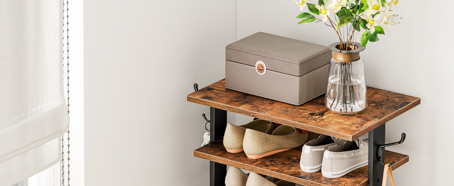 Vertikal sko rack, 8-Tier skooppbevaringsarrangør med kroker, Smal sko rack for 16 Par, Plassbesparende, Stabil og sterk, for inngangsparti, Skap, Stue, Soverom, Rustikk brun