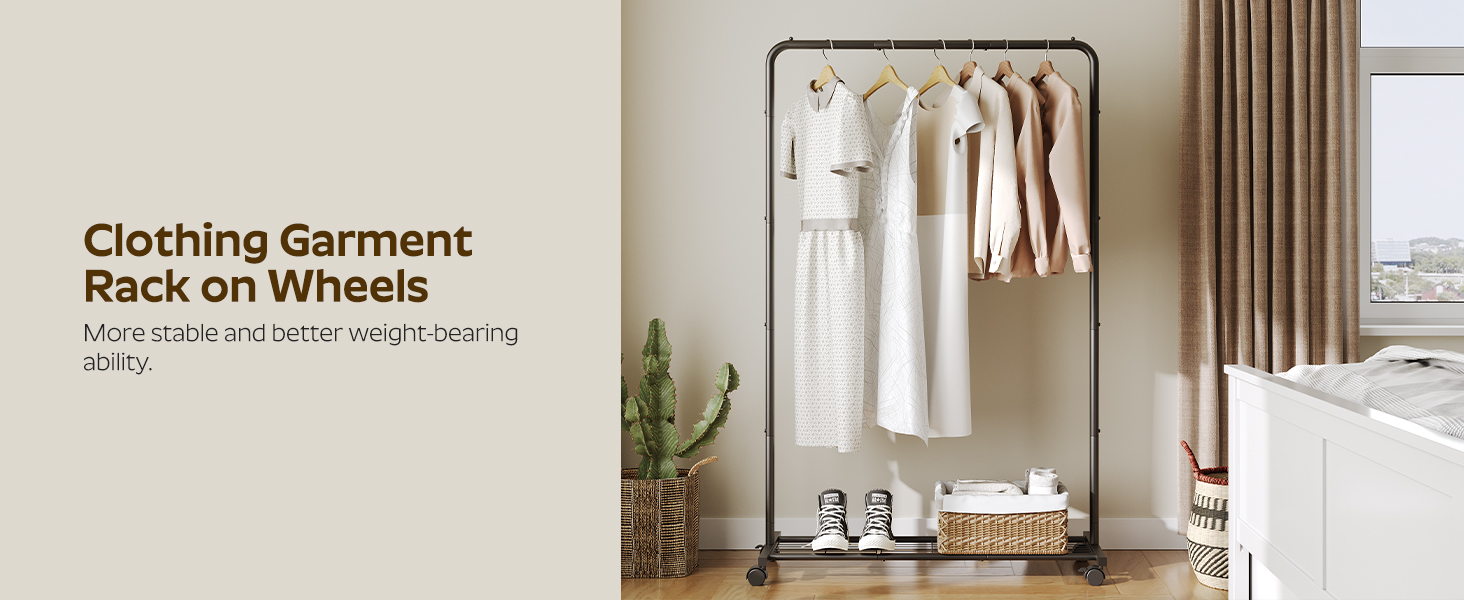 stojak na ubrania z kółkami, 39 Calowy stojak na odzież, ROLLING SATHENT RACK do wiszących ubrań, z półką do przechowywania siatki, 110 Pojemność obciążenia LB, do sypialni, pralnia, czarny