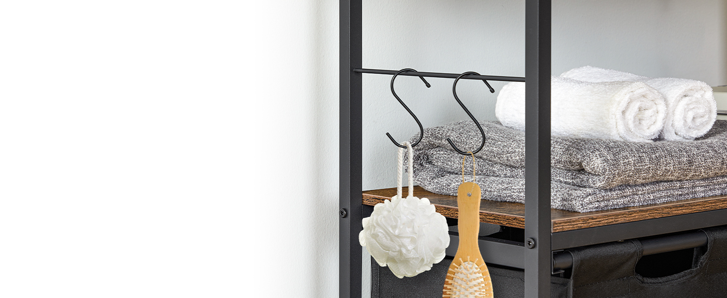 wasmand, wasmand met haken, wassator met 2 uittrekbare en verwijderbare tassen, 2 planken, badkamer, wasruimte, Rustiek bruin en zwart