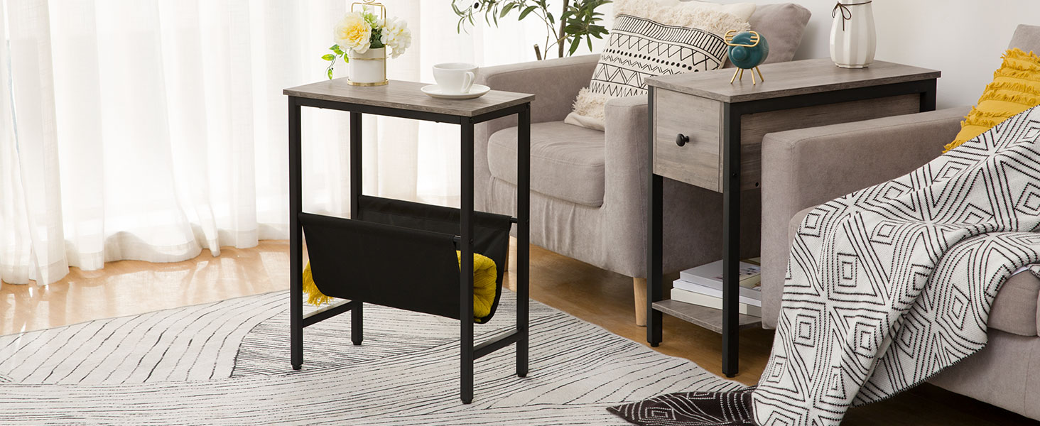smalt endebord, sidebord for små mellomrom, Slank nattbord med magasinholder, moderne mager sofabord, nattbord, Snacks sofabord, Greige og svart