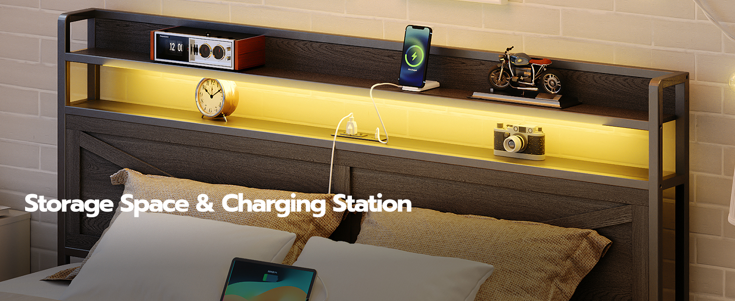 Rám postele Queen, LED rám postele s čelom nabíjacej stanice a 2 Úložné zásuvky Podnožka, Pevný rám postele s kovovou platformou v priemyselnom štýle, Nie sú potrebné žiadne pružiny, Čierna