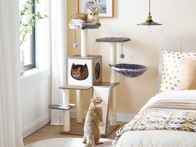 cat tree for indoor cats, 44 inches cat tower wooden, modern cat condo with cat scratching posts, multi-level cat play house with cat hammock, 2 top perches, toy balls, greige