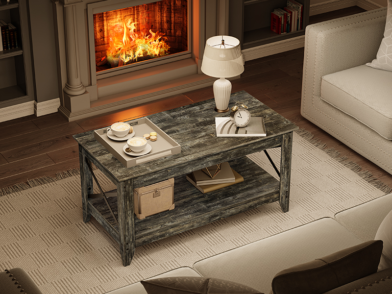 tavolino, tavolino da cattedra per soggiorno, 2-Tavolo centrale di livello con scaffale, X Design Side Frame, tavolo da cocktail accento per appartamento, sala reception, grigio vintage