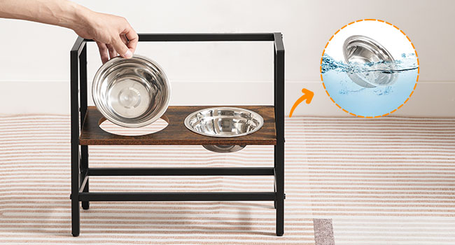 Vyvýšená miska psů, Vyvýšená miska pro psy stojí pro malé psy a kočky, Nastavitelný stojan na misku pro psy, Stojan na krmítko s dvojitou nerezovou ocelí 6.2" Bowls, Rustikální hnědá a černá