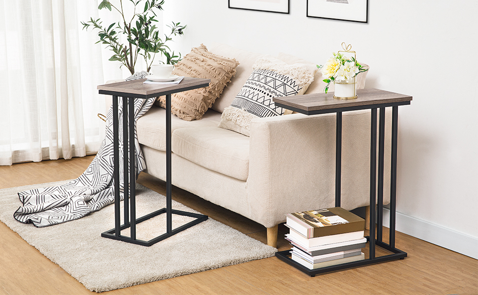 C Tableuse C, ensemble de 2, Table de collation du support d'ordinateur portable portable, Table d'appoint canapé-service, Table accent Look Wood, Économie d'espace dans le salon, chambre à coucher, brun rustique et noir