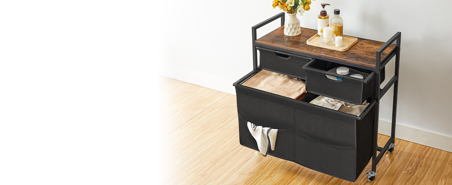 pralnia z wózkiem z 3 kosze na pranie, 28.7 gal (109l), Sorter pralni 3 przedział, Wyciągnij i zdejmowane torby na pranie, sypialnia, łazienka, pralnia, rustykalny brąz i czarny