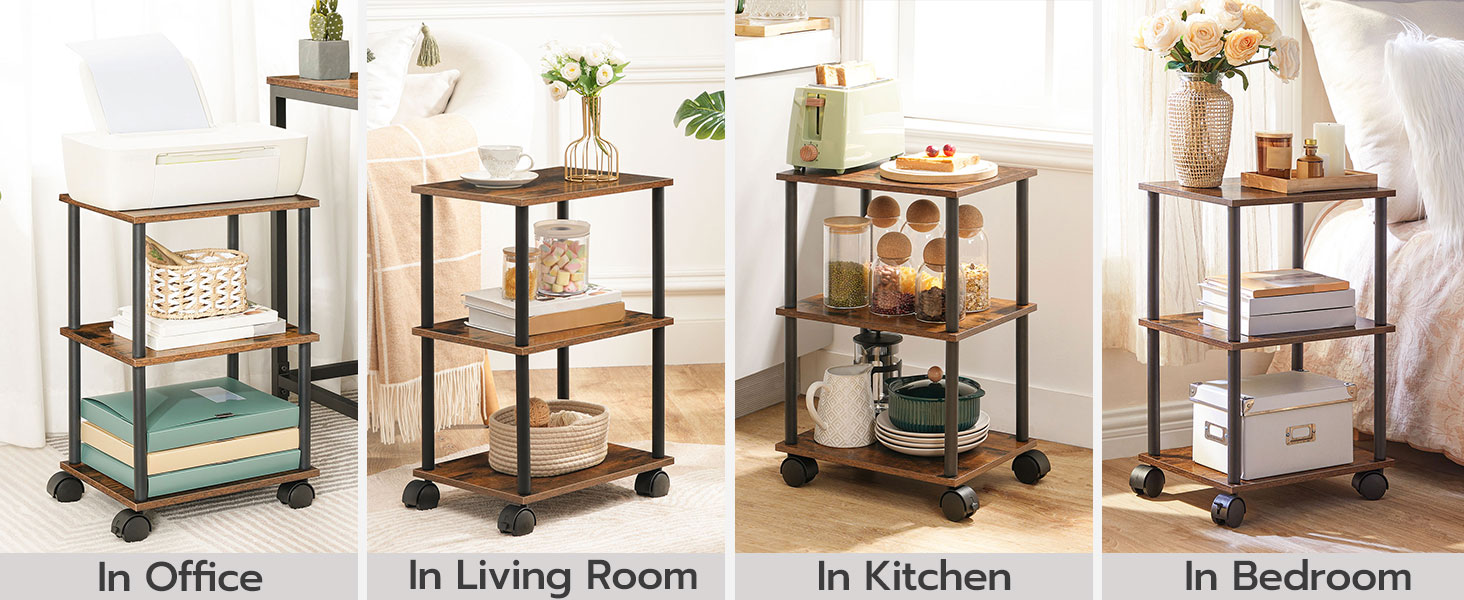Stojan na tiskárnu, 3-Průmyslová mobilní mobil pod stolním tiskárnou s policí, Hlavní stojan na strojový stojan na kolech, Kancelář, Rustikální hnědá a černá