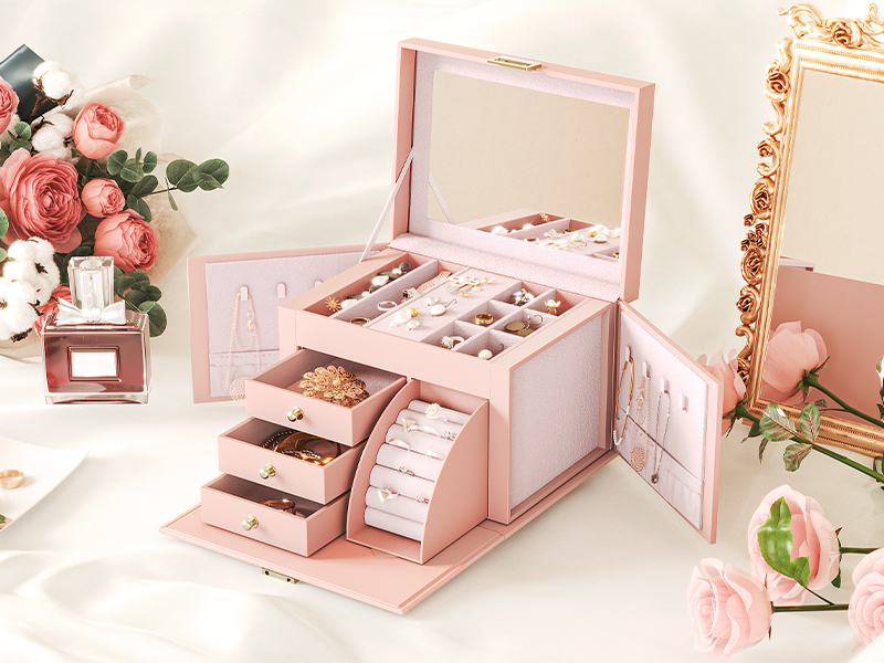 Joyero con espejo, Caja organizadora de joyas de gran capacidad., Estuche de joyería portátil para mujeres, Zonificación múltiple, Estilo moderno, Rosa