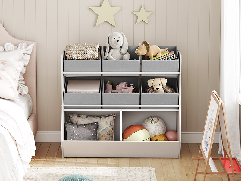 Organizador de juguetes, Estantería infantil con 6 Contenedores de almacenamiento extraíbles, Organizador de almacenamiento para niños, para el dormitorio infantil, Sala de estudio, Dormitorio, Guardería, Estilo simple, Blanco y gris