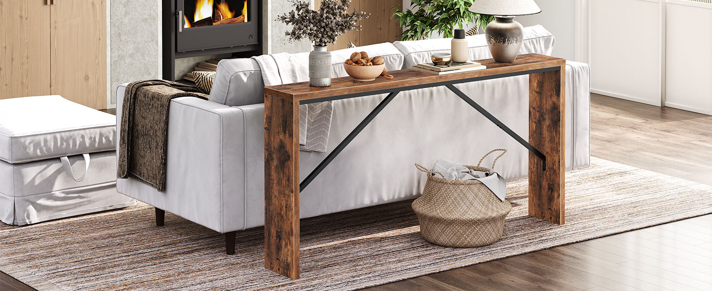 Konzolový stůl, 62.2" Dlouhá pohovka za gaučem, Úzký vstupní stůl, Na statku jídelní stůl s úhledným kovovým rámem, Tabulka průmyslové konzoly pro vchod, Rustikální hnědá