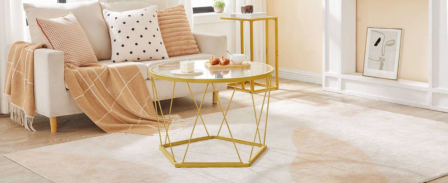 mesa de café, mesa de café de vidro dourado para sala de estar, 27.6" mesa de centro redonda, 1 Tabela central da camada, estrutura de metal, Design hexagonal, Para um pequeno espaço, Sala de recepção, apartamento, dourado