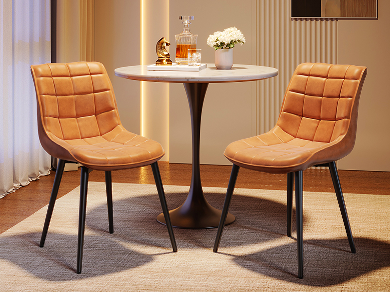 Hnědé jídelní židle sady 2, Čalouněné židle jídelny, Moderní umělé kožené kuchyňské židle pro obývací pokoj, Jídelna, Kuchyně, Studie