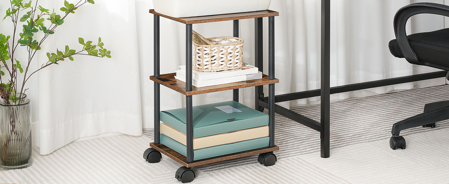 Stojan na tiskárnu, 3-Průmyslová mobilní mobil pod stolním tiskárnou s policí, Hlavní stojan na strojový stojan na kolech, Kancelář, Rustikální hnědá a černá