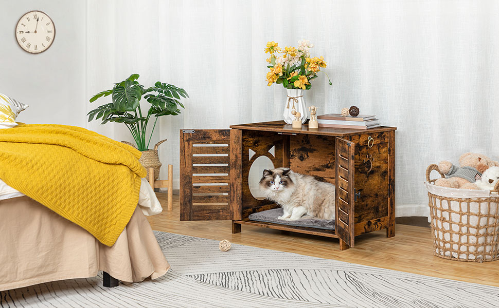 rusztikus barna rejtett macska alom dobozház, Vintage faállat -bútorok dupla szellőztetett redőnyökkel, Beltéri lélegző macska alom mosdó, A legtöbb macskának illik