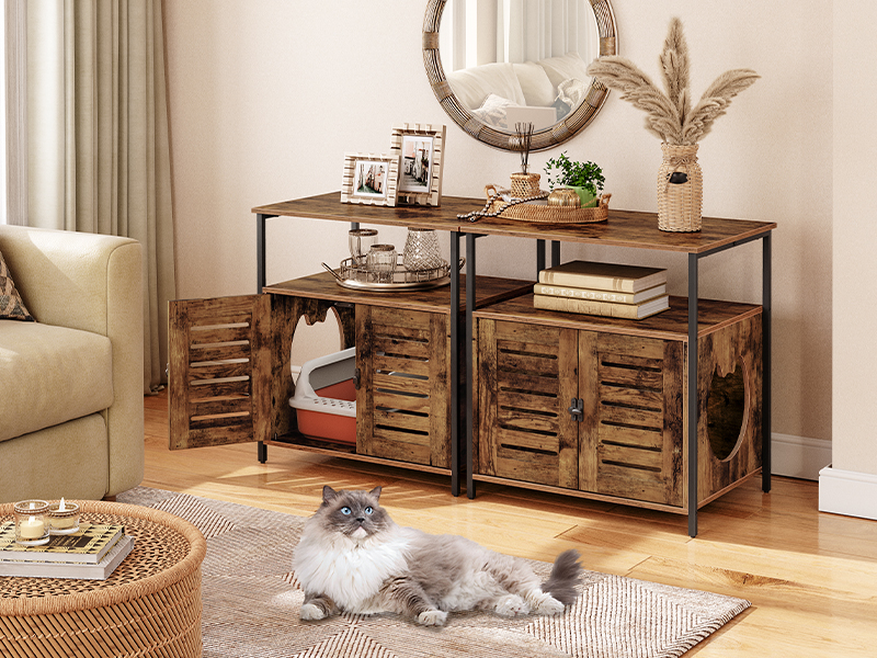 litter box enclosure, louvered hidden litter box, covered cat litter box furniture with extra storage space, side table, nightstand, multifunctional, adjustable feet, rustic brown