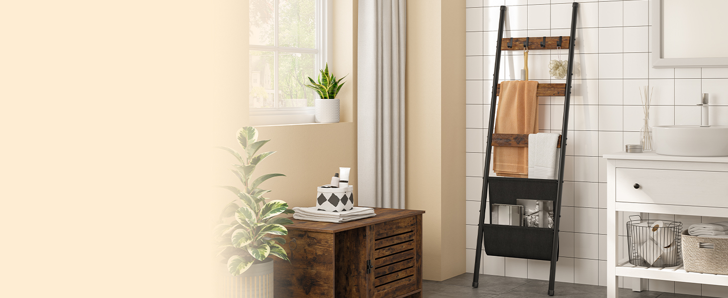 Scala coperta, 5-Portasciugamani da appoggio a più livelli con ganci, Porta coperte da parete, Mensola decorativa per scaletta espositiva, Sciarpe, Industriale, Soggiorno, Camera da letto, Rustico marrone e nero