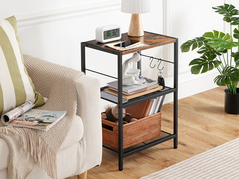 Стенд принтера, 3-Таблиця принтера рівня з гачками, Промисловий кошик на колесах, Стійка машин для зберігання для домашнього офісу для домашнього офісу, сільський коричневий і чорний