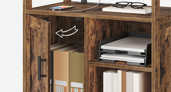 soporte de impresora con estación de carga, gabinete de almacenamiento de madera enrollable sobre ruedas, 3 mesa de carrito de impresora de nivel para la oficina en casa marrón rústico