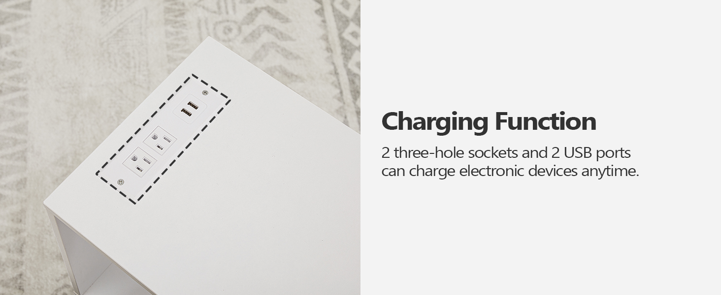 Enn Dësch mat Opluedstatioun, Schmuel Säit Dësch fir kleng Plazen, Sofa Couch Dësch mat Späichere Stol, Slim Nuetsstand nieft dem Dësch fir Schlofkummer, Wunnzëmmer, Wäiss