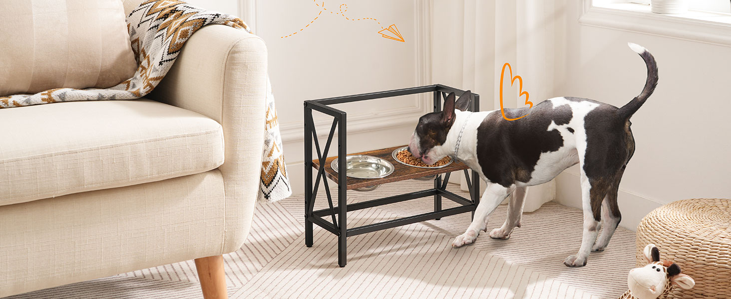 Vyvýšená miska psů, Vyvýšená miska pro psy stojí pro malé psy a kočky, Nastavitelný stojan na misku pro psy, Stojan na krmítko s dvojitou nerezovou ocelí 6.2" Bowls, Rustikální hnědá a černá
