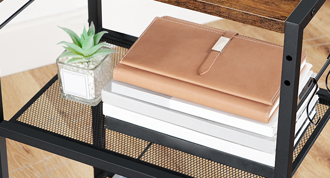 Стенд принтера, 3-Таблиця принтера рівня з гачками, Промисловий кошик на колесах, Стійка машин для зберігання для домашнього офісу для домашнього офісу, сільський коричневий і чорний