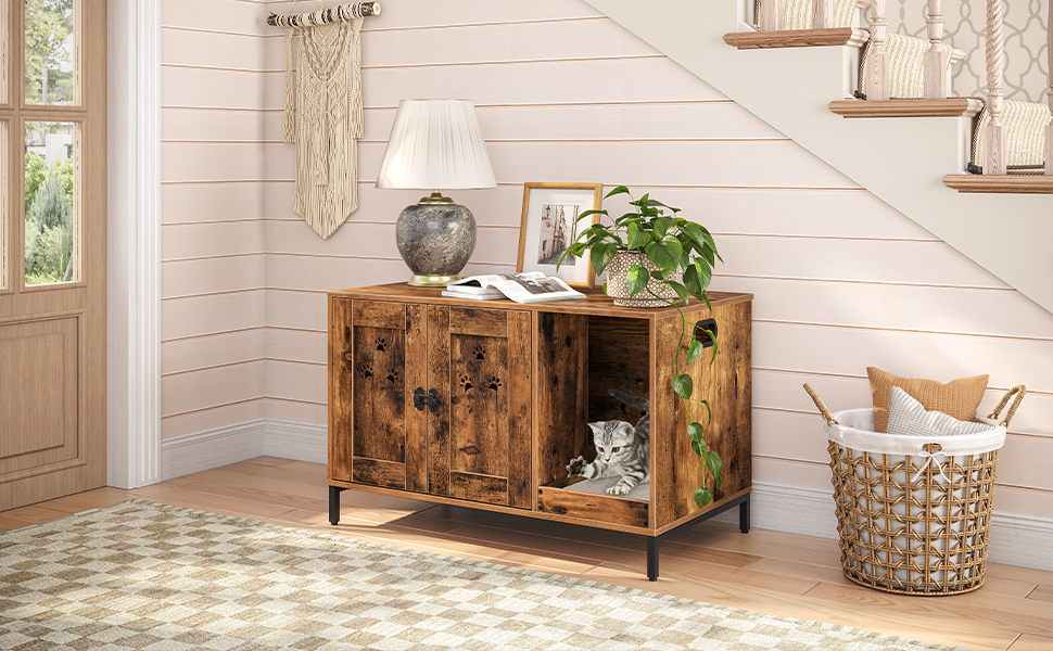 Περίβλημα κουτιού απορριμμάτων γατών, Μοντέρνο Έπιπλο Κουτί Απορριμμάτων Γάτας Κρυφό, Πάγκος αποθήκευσης μπάνιου γάτας με μαξιλάρι γρατσουνίσματος για γάτες, Εσωτερικό σπίτι για γάτες ως τελικό τραπέζι για σαλόνι, Ρουστίκ καφέ