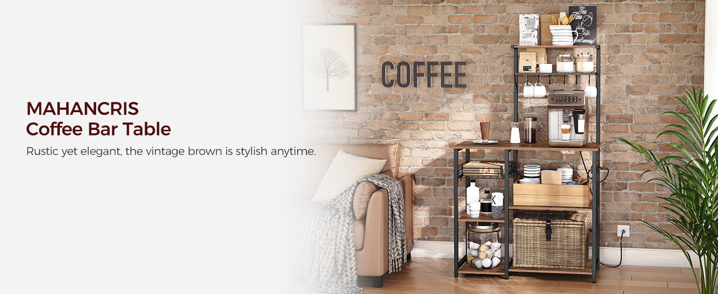 пекарські стійки з розеткою, Мікрохвильова підставка, промисловий кавовий бар з дротяним кошиком, Кухонна стійка для зберігання з 6 s-подібні гачки, для спецій, каструлі та сковорідки, сільський коричневий