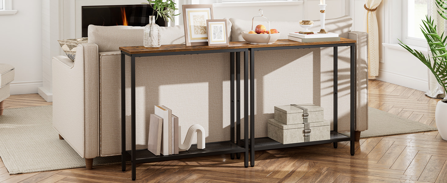 narrow console table, small entryway table with shelf, 2 tier thin sofa table, side table, display table, for hallway, living room, bedroom, foyer, rustic brown and black