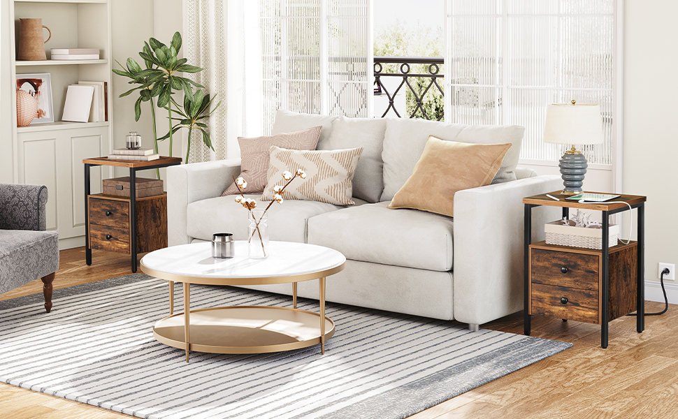 Bijzettafel met laadstation en USB-poorten, Bijzettafel met lades en opbergplank, Set van 2, Nachtkastje voor kleine ruimtes, Woonkamer, Rustiek bruin