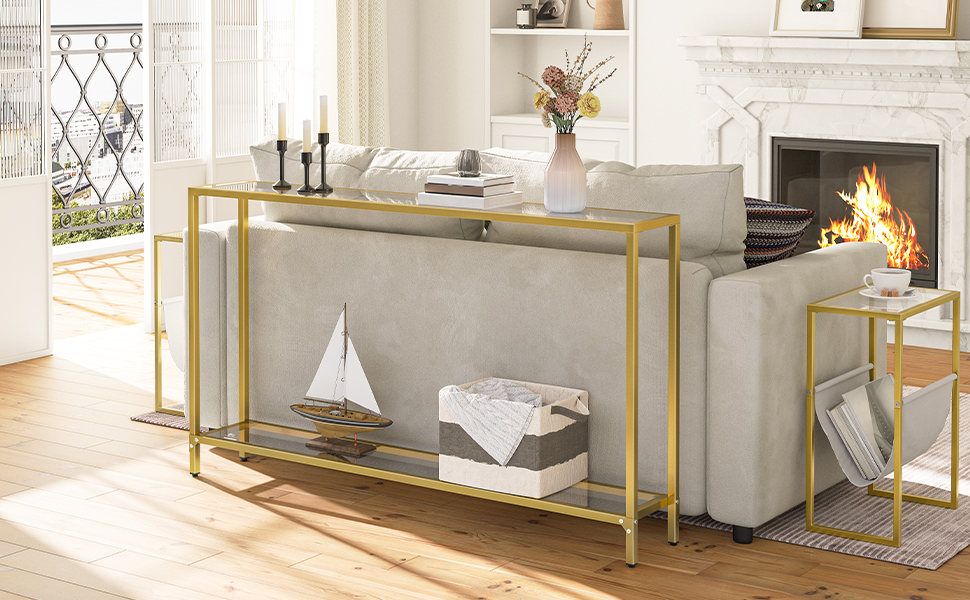 55.1" kultakonsolipöytä, kapea karkaistu lasi -sisäänkäyntipöytä, sohvapöytä sohvan takana, moderni tyyli, metallikehys, käytävällä, olohuone, kulta