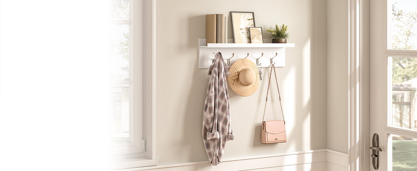 raca cóta balla le seilf, raca cóta halla le 5 crúcaí, seilf balla le fál, 70 x 15 x 20 cm, bambú, Chun halla, seomra codlata, seomra suí, leithreas, bán