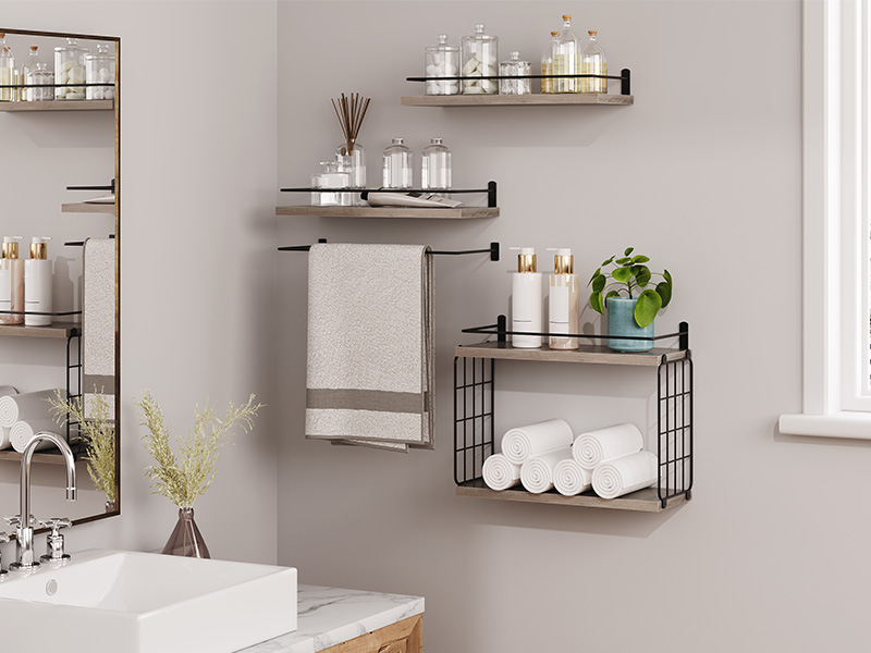 4+1 seilfeanna ar snámh sraitheanna, seilfeanna seomra folctha thar leithreas le ciseán stórála sreinge, seilf snámh ar snámh balla le haghaidh maisiúchán balla, seilf balla le haghaidh seomra suí seomra leapa cistin greige