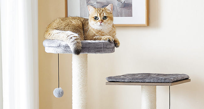 cat tree for indoor cats, 44 inches cat tower wooden, modern cat condo with cat scratching posts, multi-level cat play house with cat hammock, 2 top perches, toy balls, greige