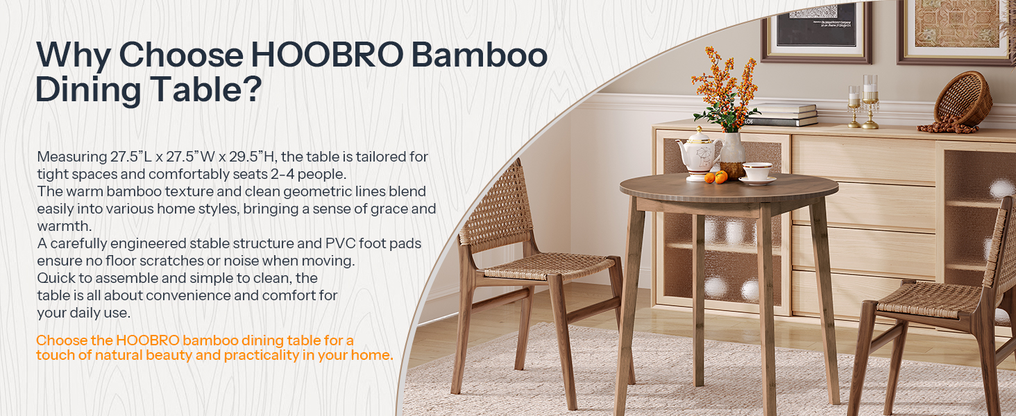 Hnědý bambusový jídelní stůl, Dřevěný kulatý jídelní stůl 2, 27.5" Kuchyňský stůl pro malý prostor, Psací stůl, Snadné sestavení, pro jídelnu, Obývací pokoj, Kancelář, Kuchyně, Byt