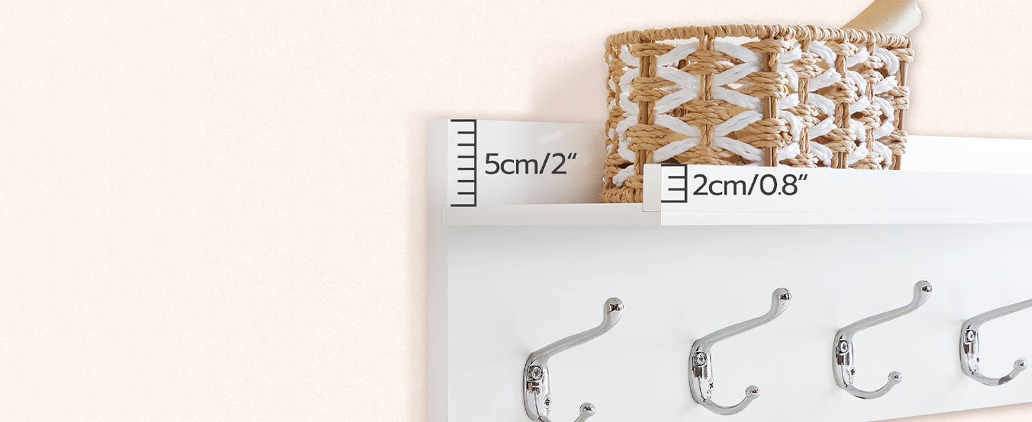 raca cóta balla le seilf, raca cóta halla le 5 crúcaí, seilf balla le fál, 70 x 15 x 20 cm, bambú, Chun halla, seomra codlata, seomra suí, leithreas, bán