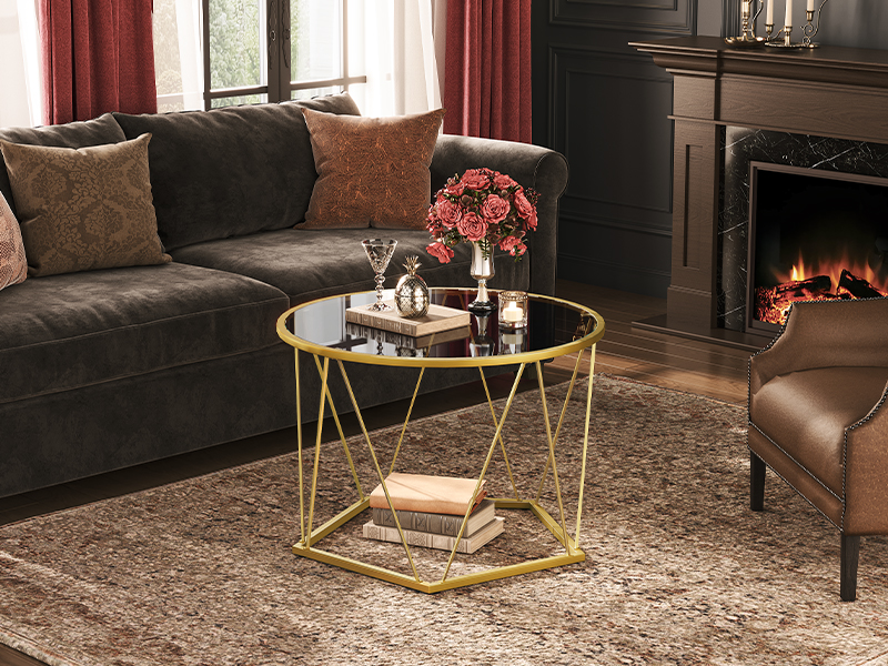 mesa de café, mesa de café de vidro dourado para sala de estar, 27.6" mesa de centro redonda, 1 Tabela central da camada, estrutura de metal, Design hexagonal, Para um pequeno espaço, Sala de recepção, apartamento, dourado