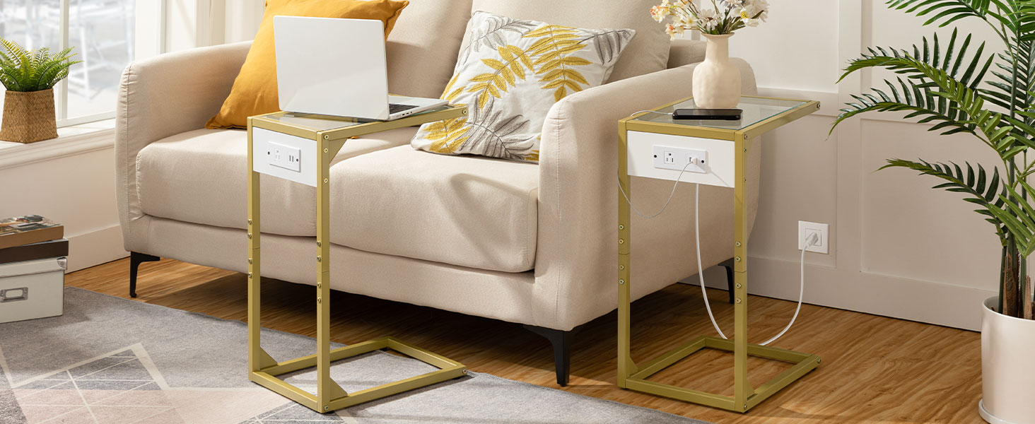 c shaped end table with charging station, tempered glass table couch table with metal frame, snack side table for small space, living room, bedroom, tv tray table, gold