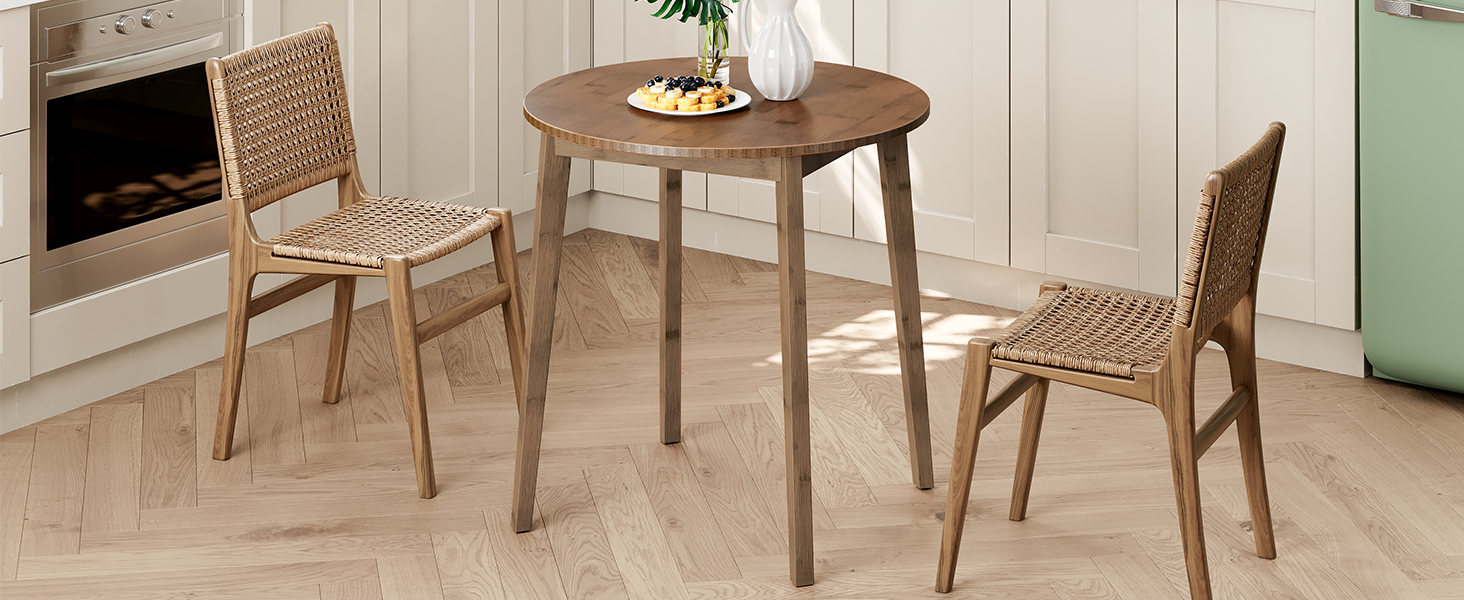 Hnědý bambusový jídelní stůl, Dřevěný kulatý jídelní stůl 2, 27.5" Kuchyňský stůl pro malý prostor, Psací stůl, Snadné sestavení, pro jídelnu, Obývací pokoj, Kancelář, Kuchyně, Byt